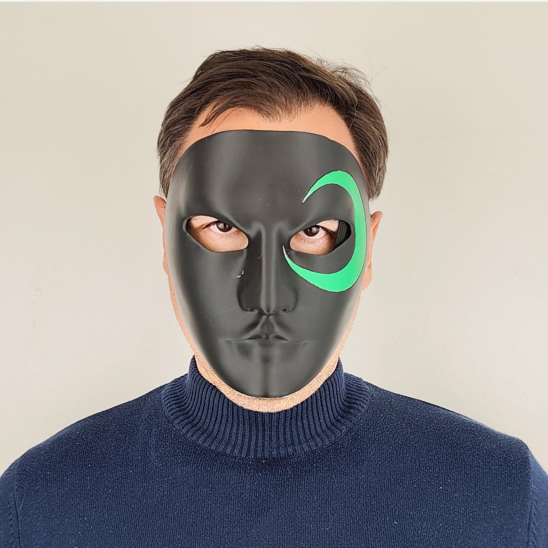 Full Face Mask for Cosplay | 3D Printed Black Mask with Green Eye Detail | Halloween Costume Prop