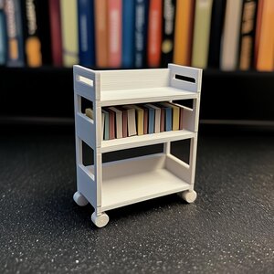 Dollhouse Library Cart | 1:12 Scale Miniature Bookshelf | 3D Printed Rolling Bookcase