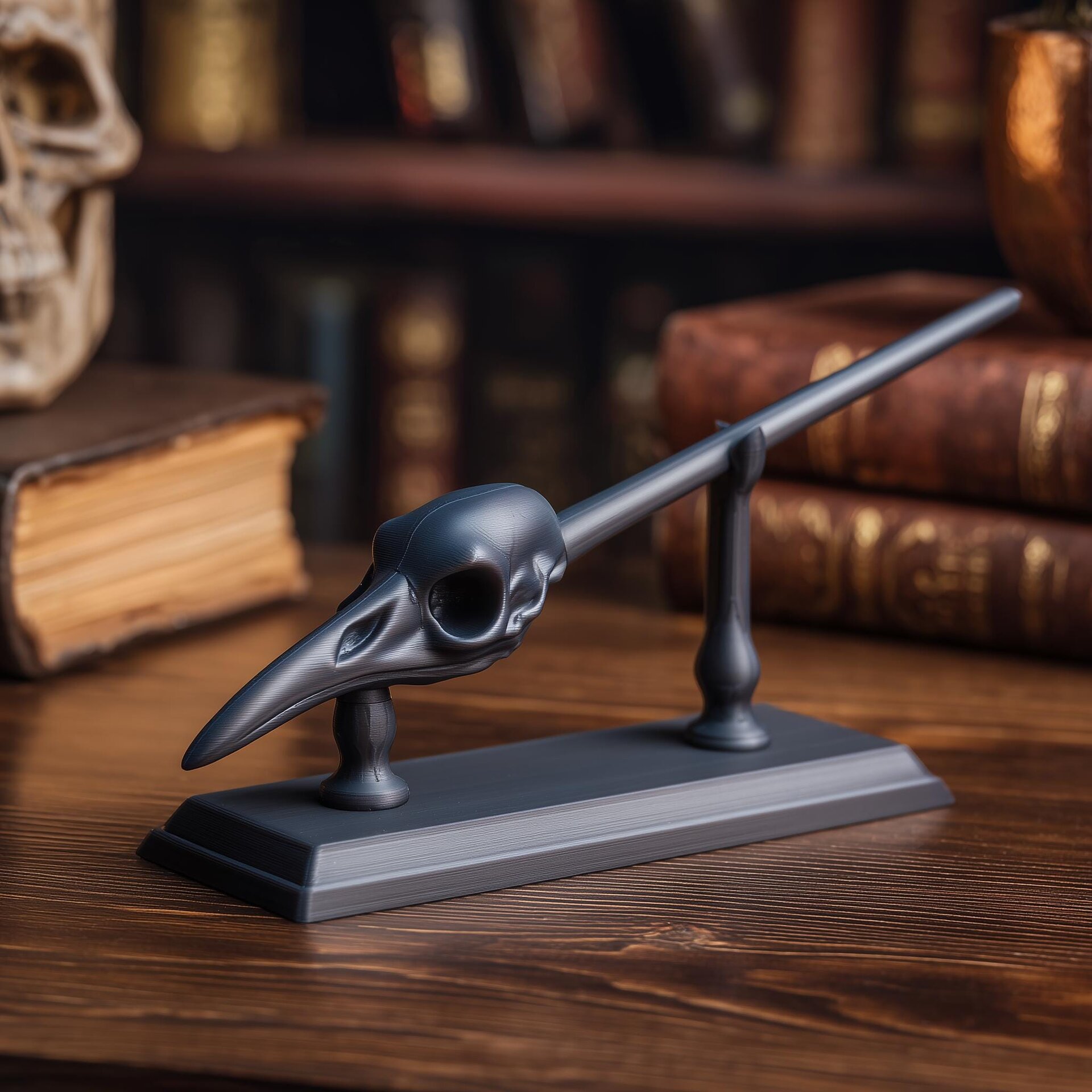 Raven Skull Magic Wand with Stand | 3D Printed Fantasy Wizard Wand Prop for Cosplay | Gothic Collector Decor Accessory for Adults