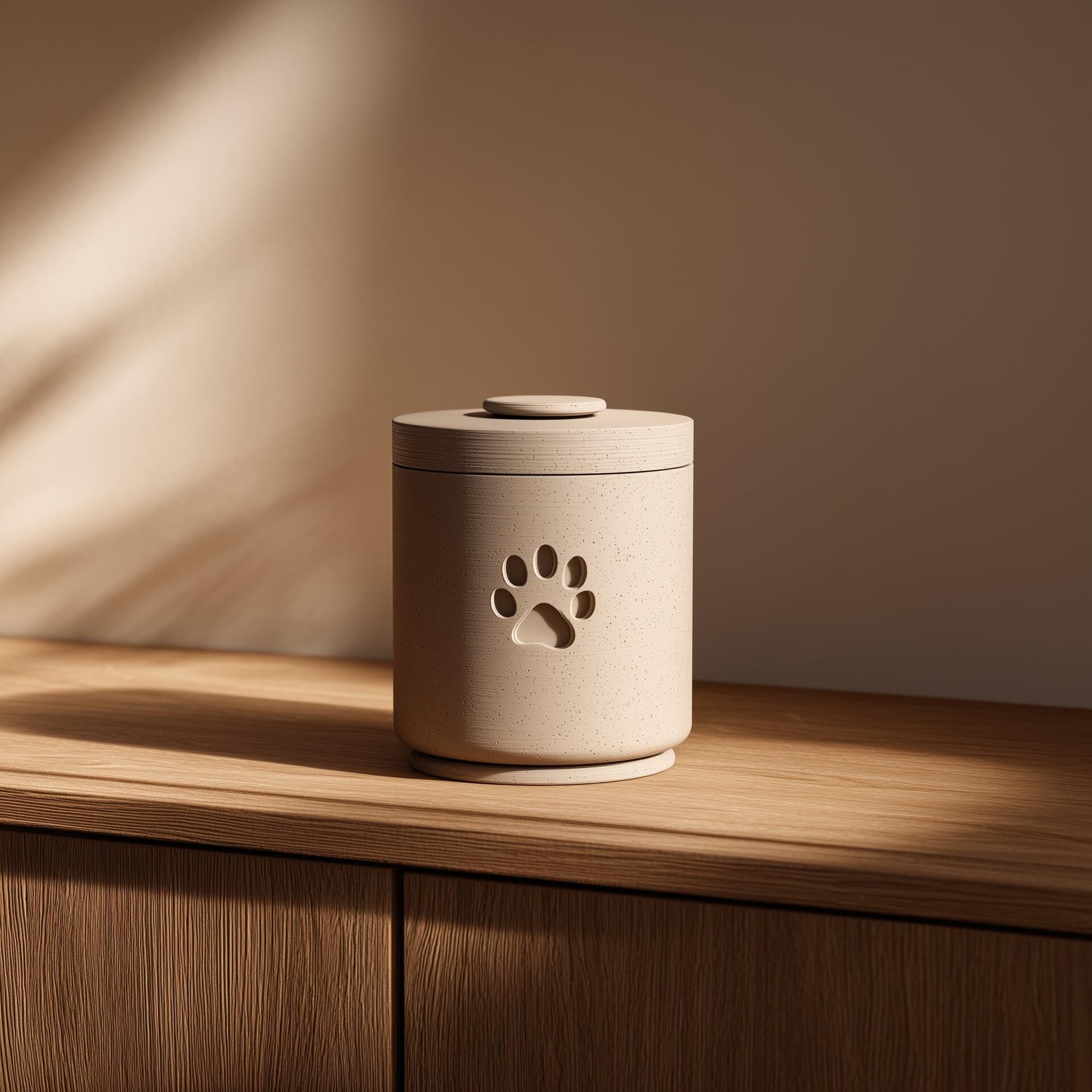 3D Printed Pet Memorial Urn | Minimalist Cylindrical Cremation Urn with Paw Print | Modern Remembrance Decor for Dogs or Cats