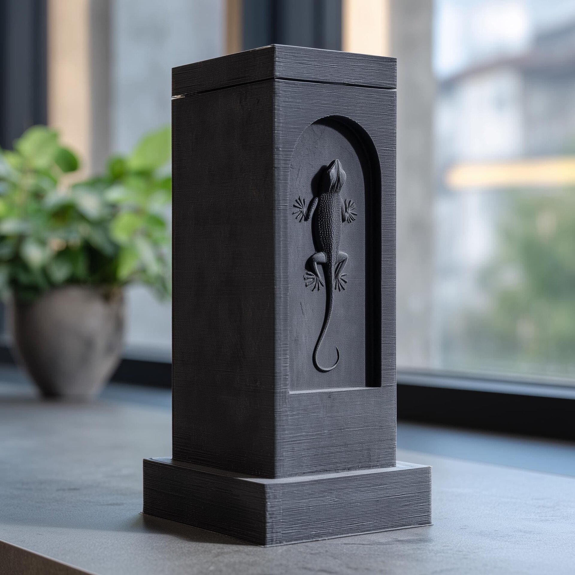 Gecko Pet Ashes Urn Tower | 3D Printed Architectural Memorial Keepsake with Recessed Lizard Relief | Minimal Cremation Decor Sympathy Gift