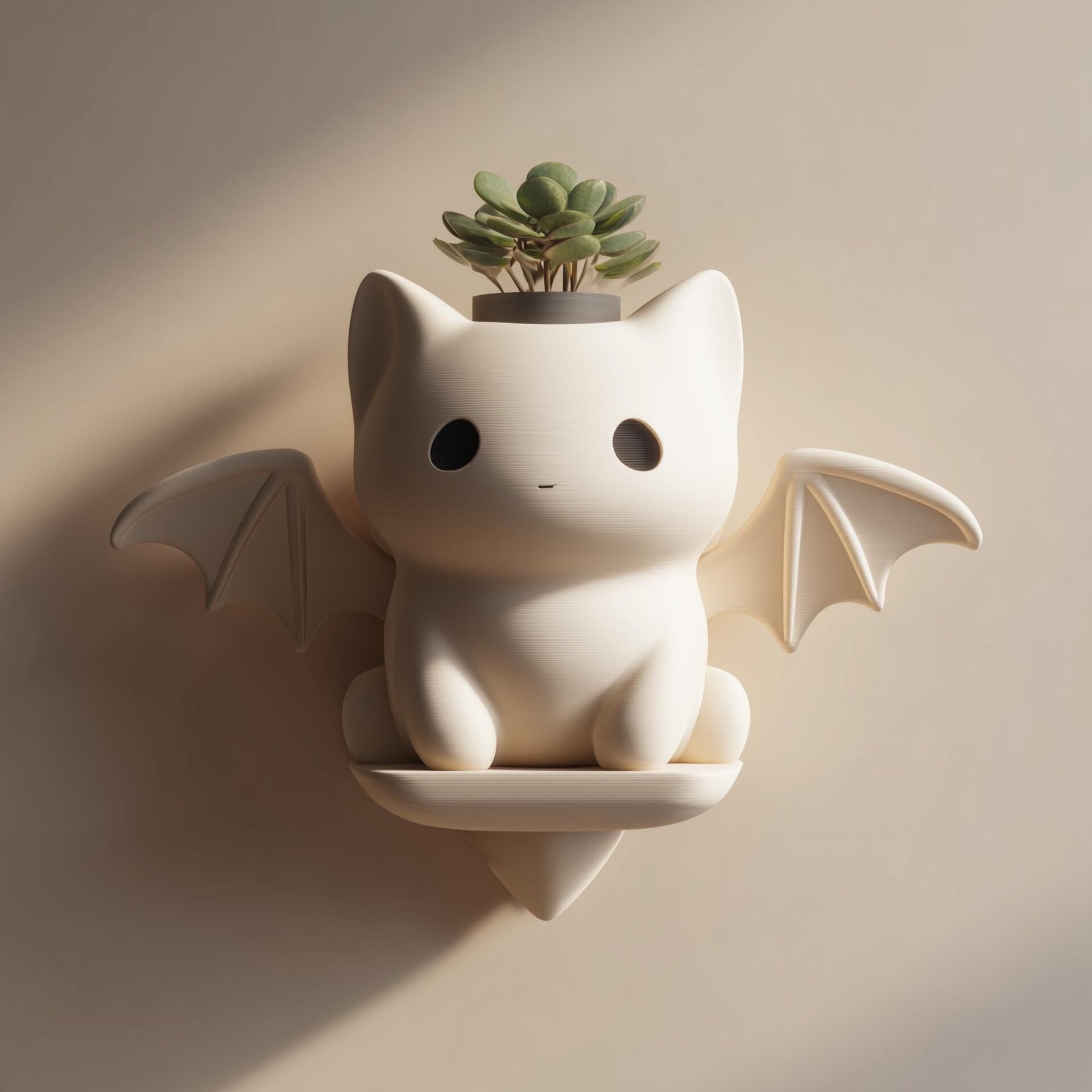 Cute Bat Cat Wall Planter Shelf | 3D Printed Kawaii Hanging Plant Holder | Fantasy Animal Wall Decor for Nursery and Modern Interiors
