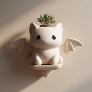 Cute Bat Cat Wall Planter Shelf | 3D Printed Kawaii Hanging Plant Holder | Fantasy Animal Wall Decor for Nursery and Modern Interiors