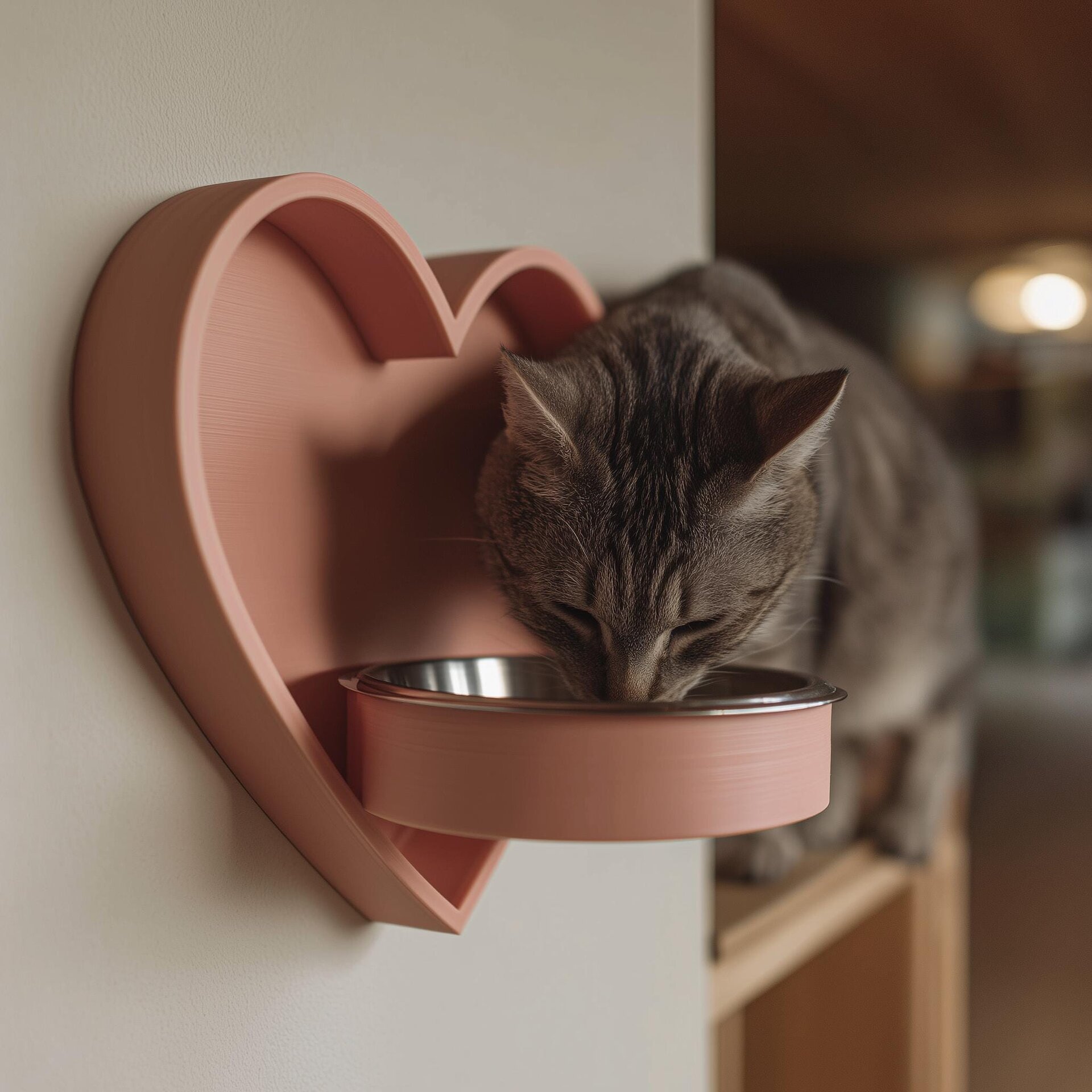 Heart Wall Mounted Pet Bowl Holder | 3D Printed Raised Feeder Frame for Cat or Small Dog | Cute Feeding Station Home Decor Wall Feeder Stand