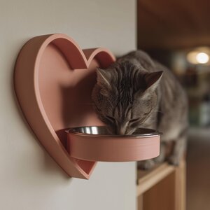 Heart Wall Mounted Pet Bowl Holder | 3D Printed Raised Feeder Frame for Cat or Small Dog | Cute Feeding Station Home Decor Wall Feeder Stand