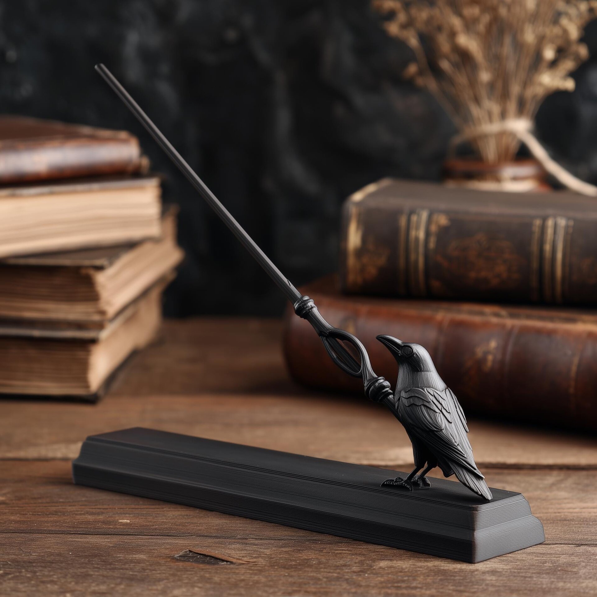 Raven Magic Wand with Display Stand | 3D Printed Fantasy Wizard Wand Prop for Cosplay | Gothic Collector Desk Decor Piece