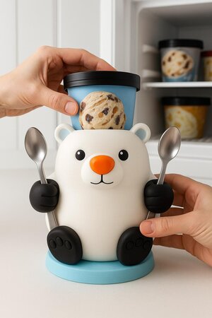 3D Printed Polar Bear Ice Cream Pint Holder | Cute Icecream Holder with Spoon Slots | Gift for Ice Cream Lovers