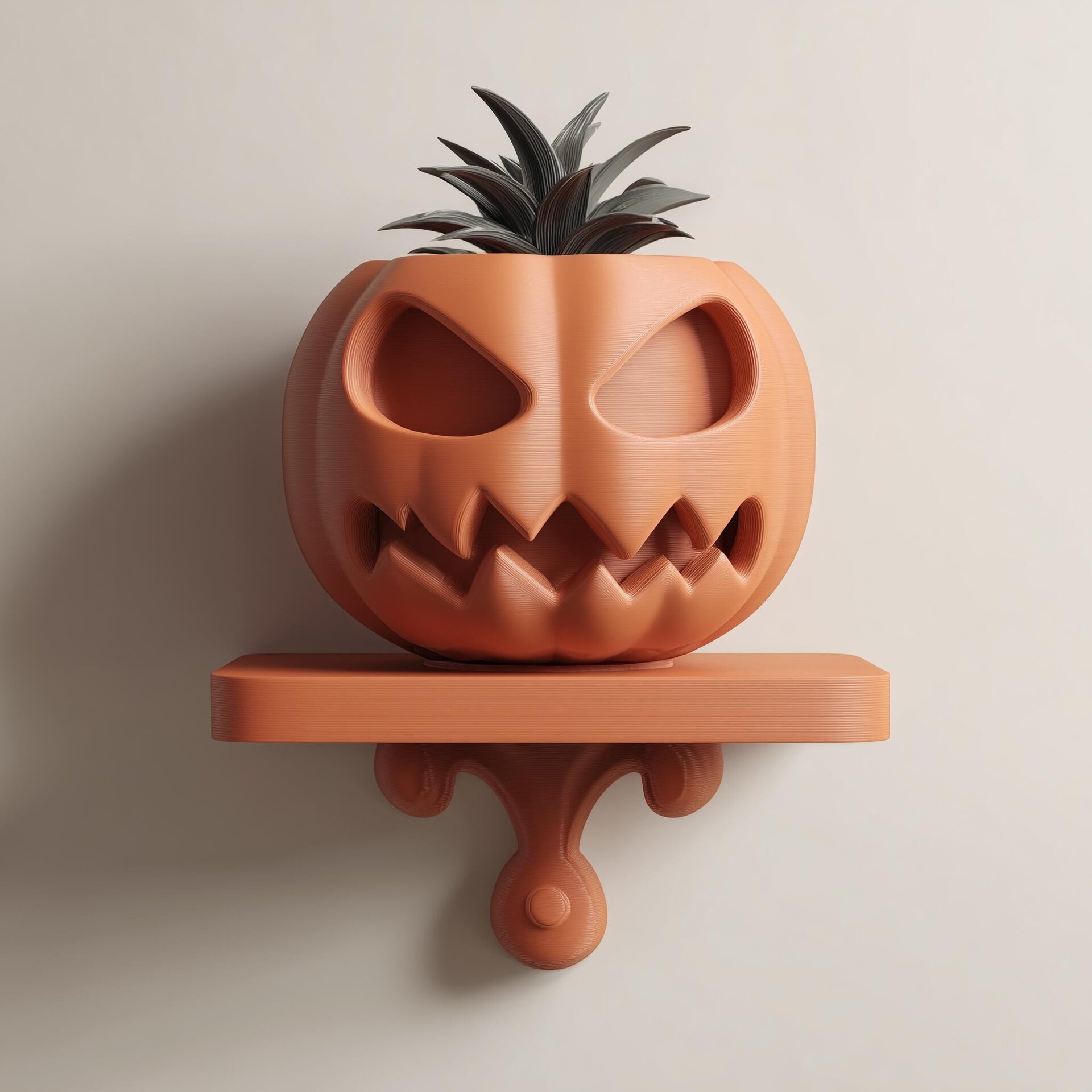 Wall Mounted Pumpkin Face Planter Shelf | 3D Printed Sculptural Wall Decor with Pot | Playful Modern Art Shelf for Plants Home Decor Gift