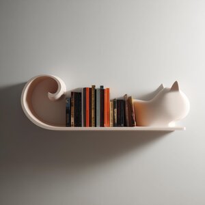 Minimal Cat Shaped Wall Shelf Decor | 3D Printed Sculptural Book Shelf | Modern Scandinavian Accent Shelf for Clean Contemporary Interiors