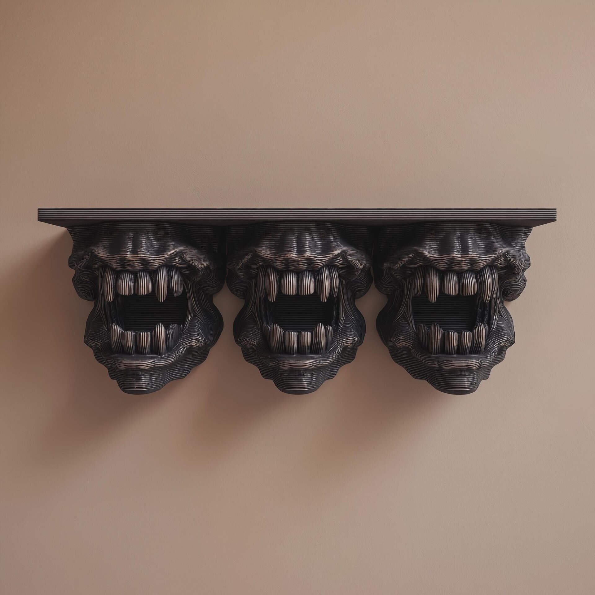 3D Printed Triple Monster Head Wall Shelf | Horror Gothic Floating Ledge | Dark Fantasy Creature Decor for Gaming Room, Bedroom or Hallway