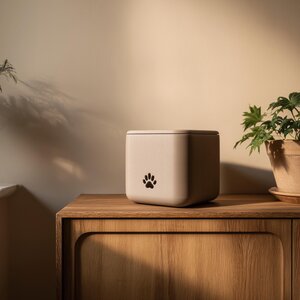 3D Printed Modern Square Pet Cremation Urn with Paw Print | Minimalist 3D Printed Memorial Box for Pets | Neutral Remembrance Home Decor
