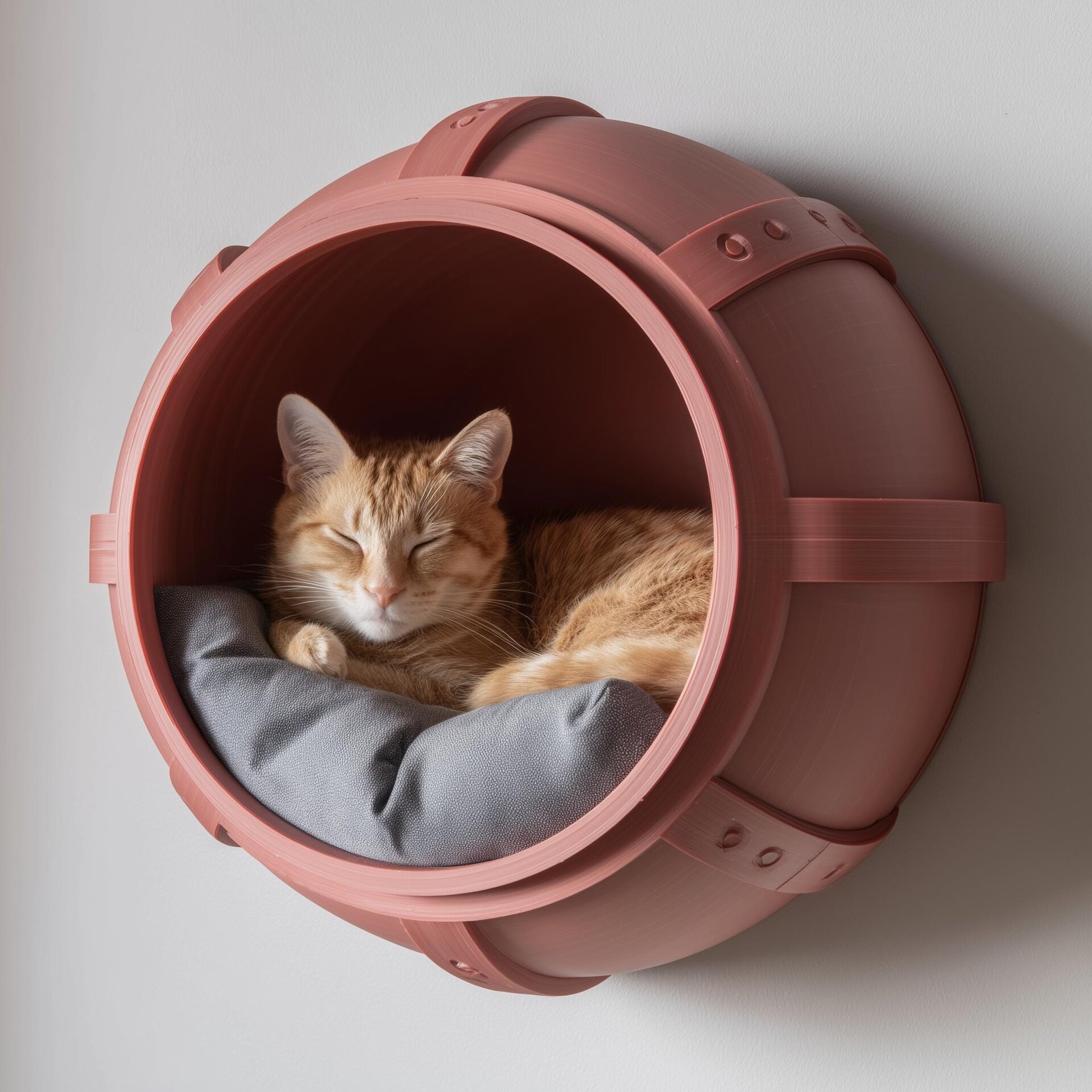 Industrial Barrel Wall Mounted Cat Bed | 3D Printed Floating Cat Cave | Modern Minimalist Cat Furniture Cozy Indoor Sleeping Pod