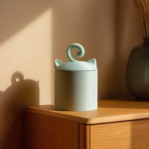 3D Printed Cute Cat Pet Urn with Tail Lid Handle | Minimal 3D Printed Cremation Urn for Pets | Soft Modern Memorial Decor for Shelf