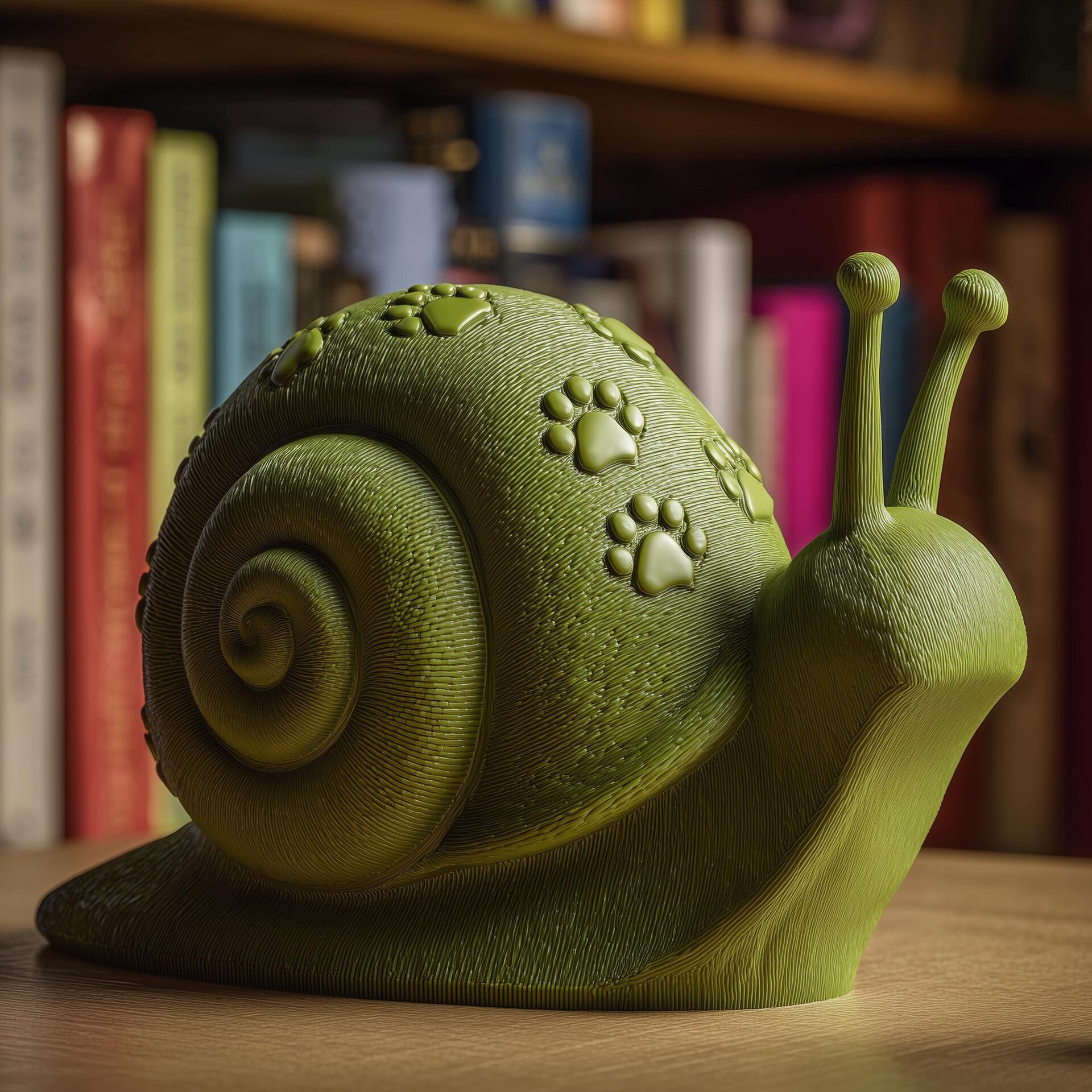 Snail Sculpture Shelf Decor | 3D Printed Animal Figurine with Paw Print Shell for Bookshelf Desk and Cozy Home Accent Display Art Gift Set