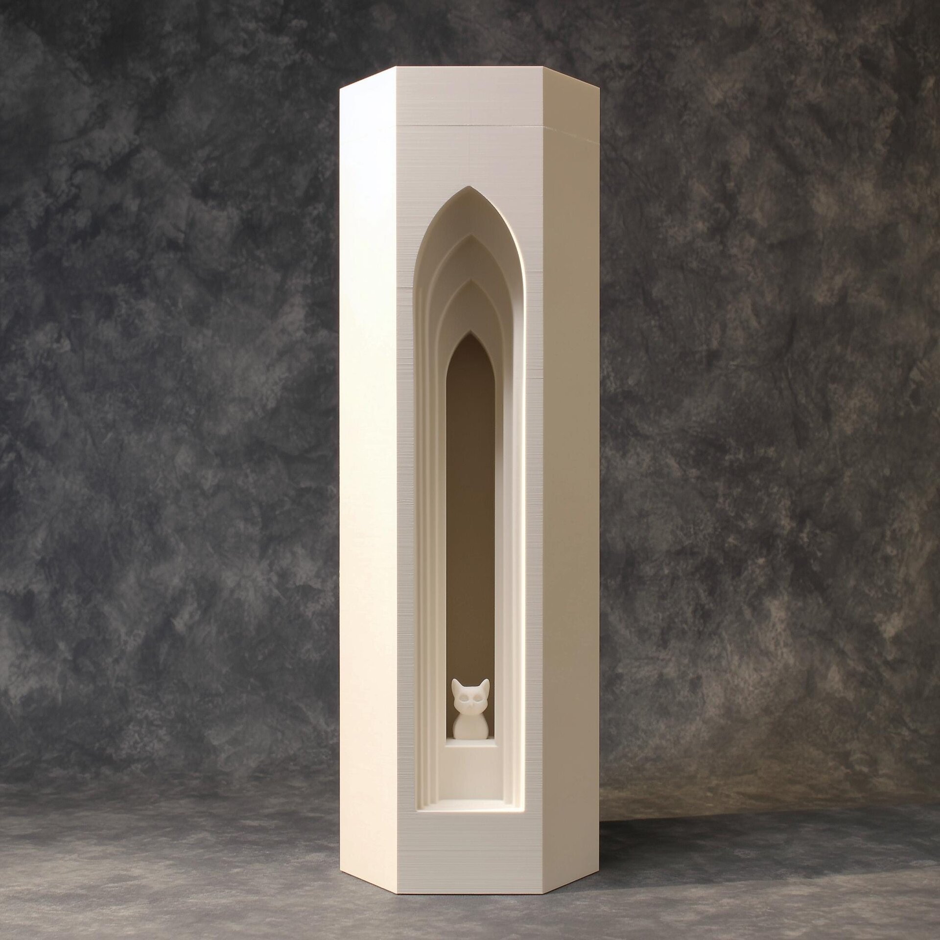 Cat Memorial Urn Tower | 3D Printed Architectural Gothic Arch Keepsake for Pet Ashes | Modern Minimal Remembrance Decor, Sympathy Gift Home