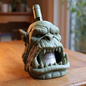 Orc Skull Wine Bottle Holder for Standard Bottles | 3D Printed Fantasy Monster Wine Rack Display for Gothic Home Bar Shelf Decor Accent