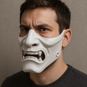 White Oni Samurai Mask | 3D Printed Demon Mask | Japanese Half Face Cosplay Mask